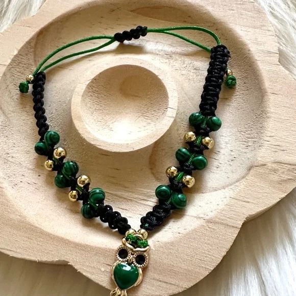 Handmade Black and Green String Adjustable Bracelet with Owl Charm - Picture 2 of 2